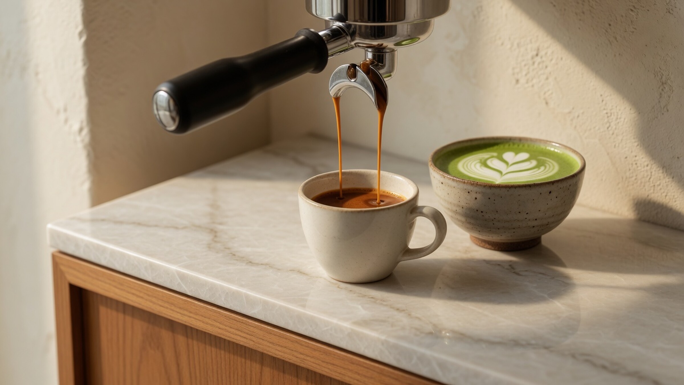 Espresso being pulled at a marble café bar