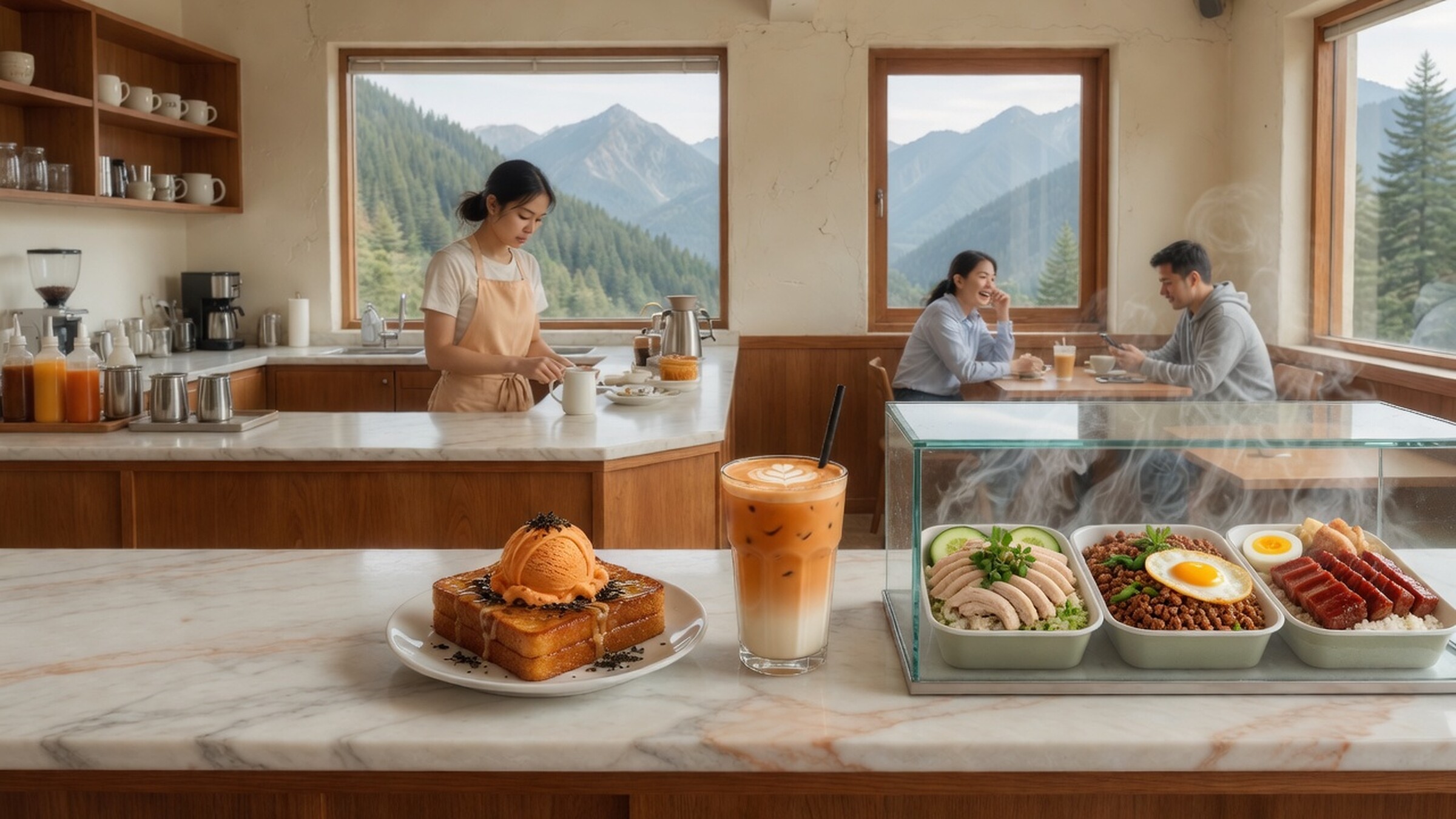 Café counter making honey toast and drinks, with a grab-and-go hot lunch case