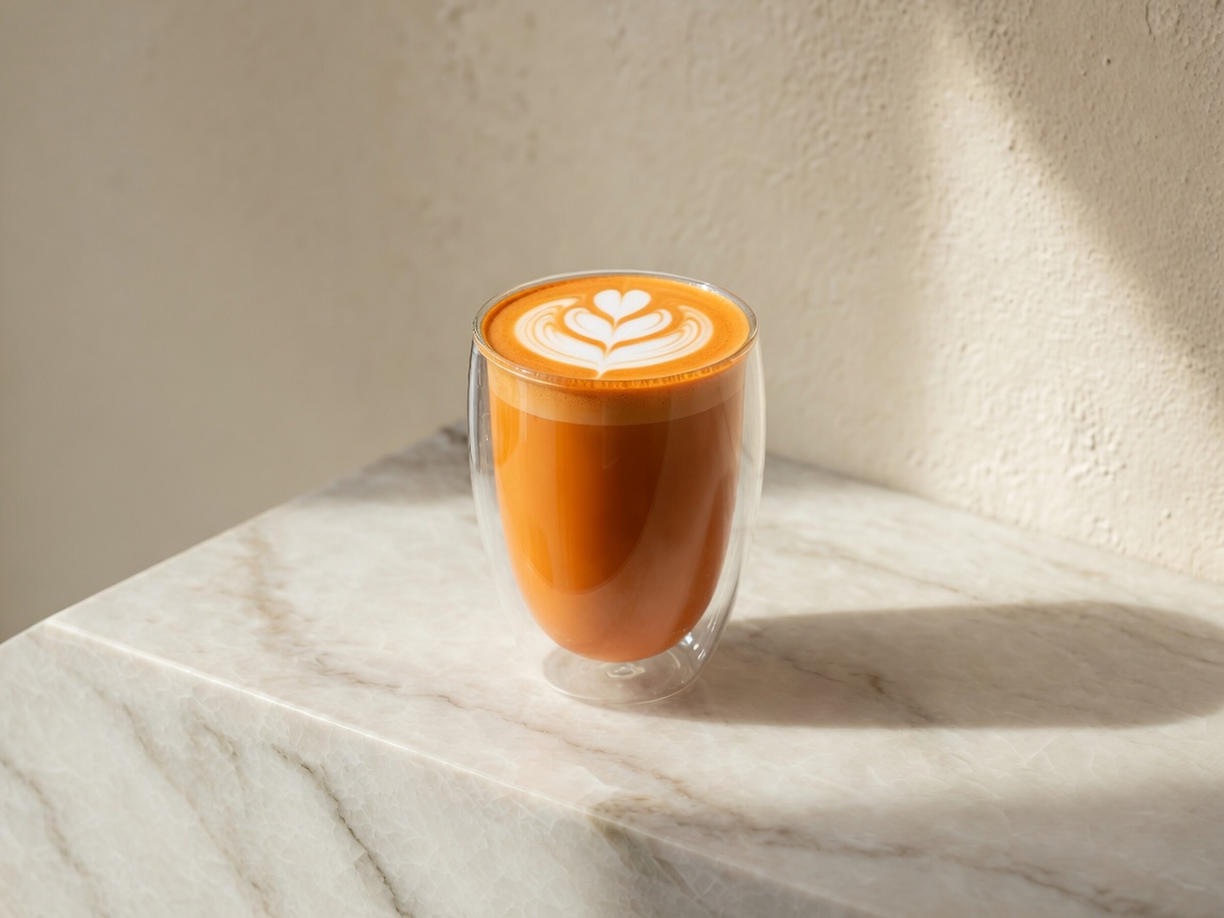 Thai tea latte in a double-walled glass with tulip art
