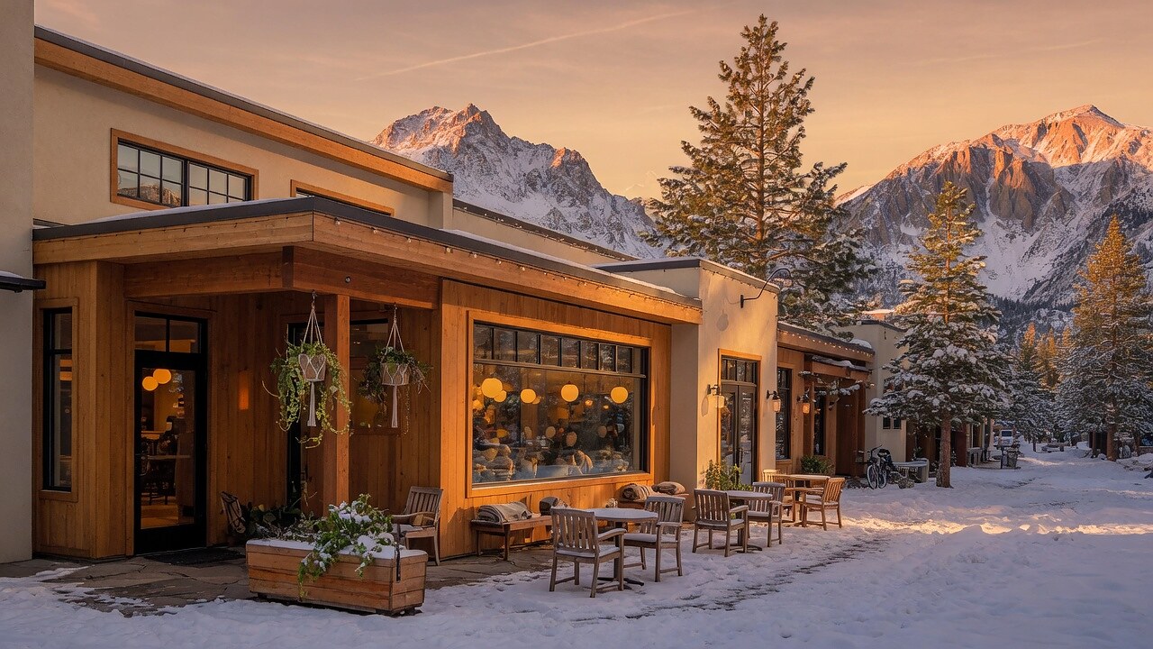 Warm café storefront at golden hour with pines and mountains behind it