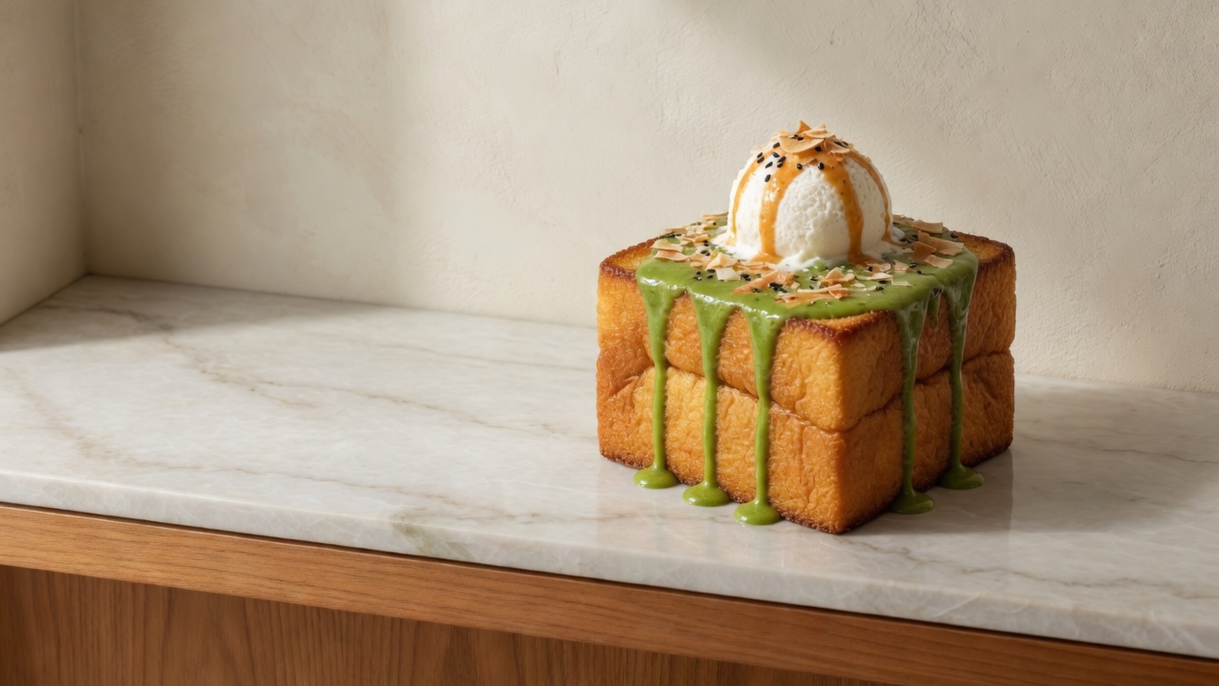 Thick Shibuya honey toast brick with kaya pandan sauce