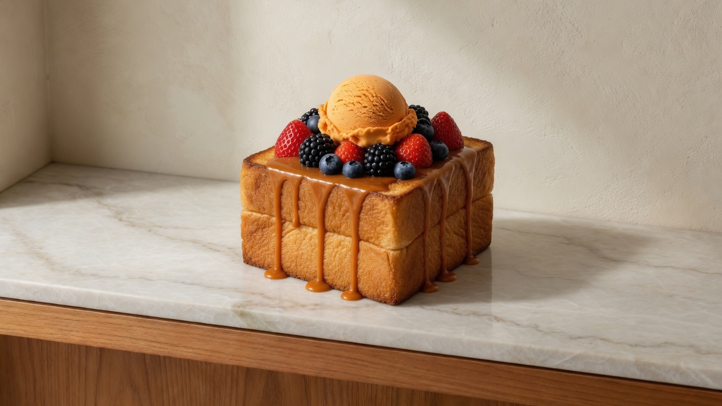 Thick Shibuya honey toast brick with Thai tea ice cream and sauce
