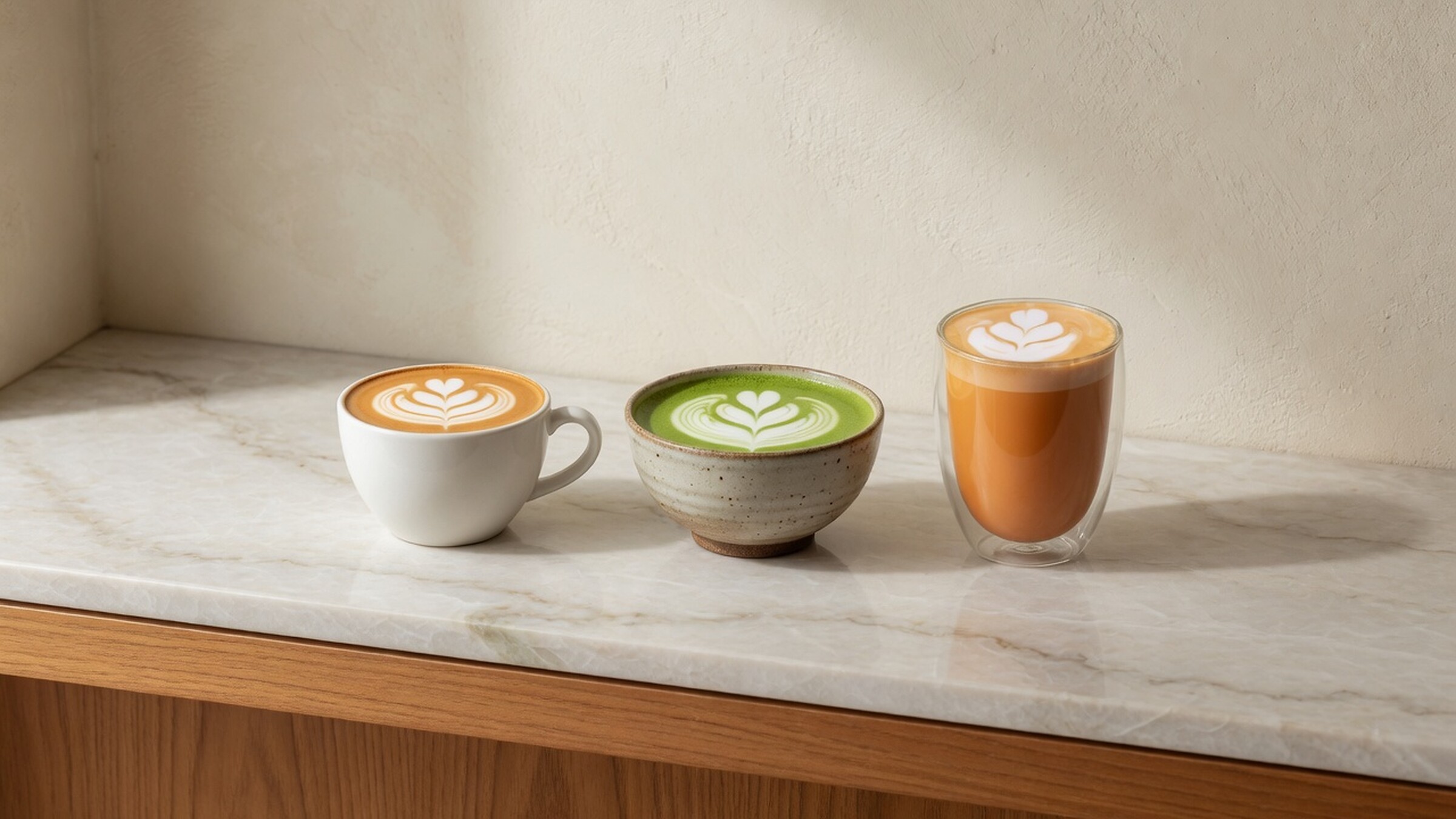 Coffee latte, ceremonial matcha, and Thai tea latte with tulip art