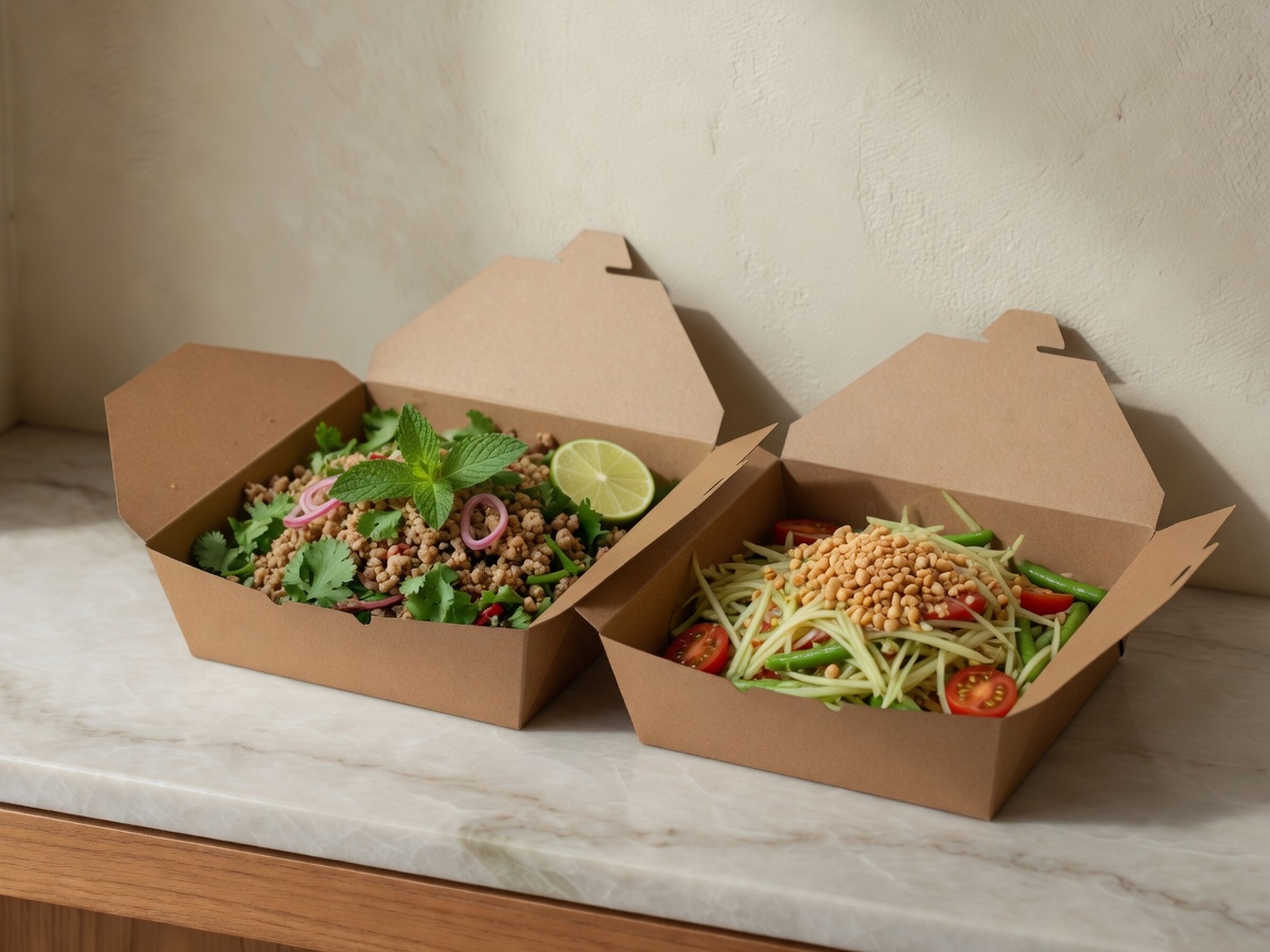 Larb moo and som tum lunch boxes