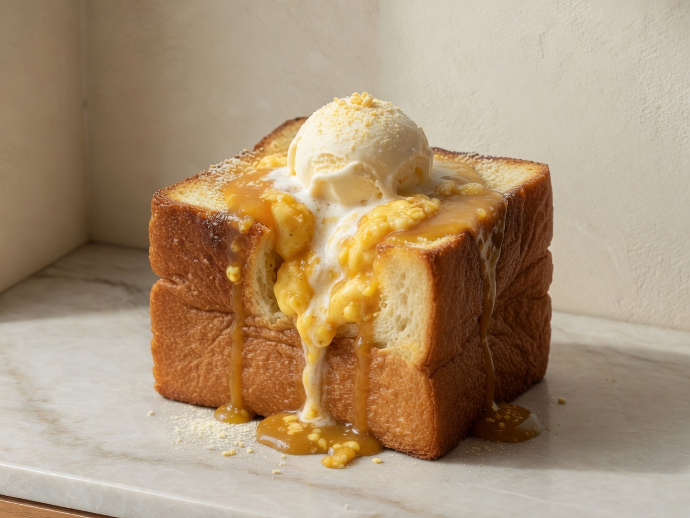 Salted egg custard honey toast with vanilla ice cream