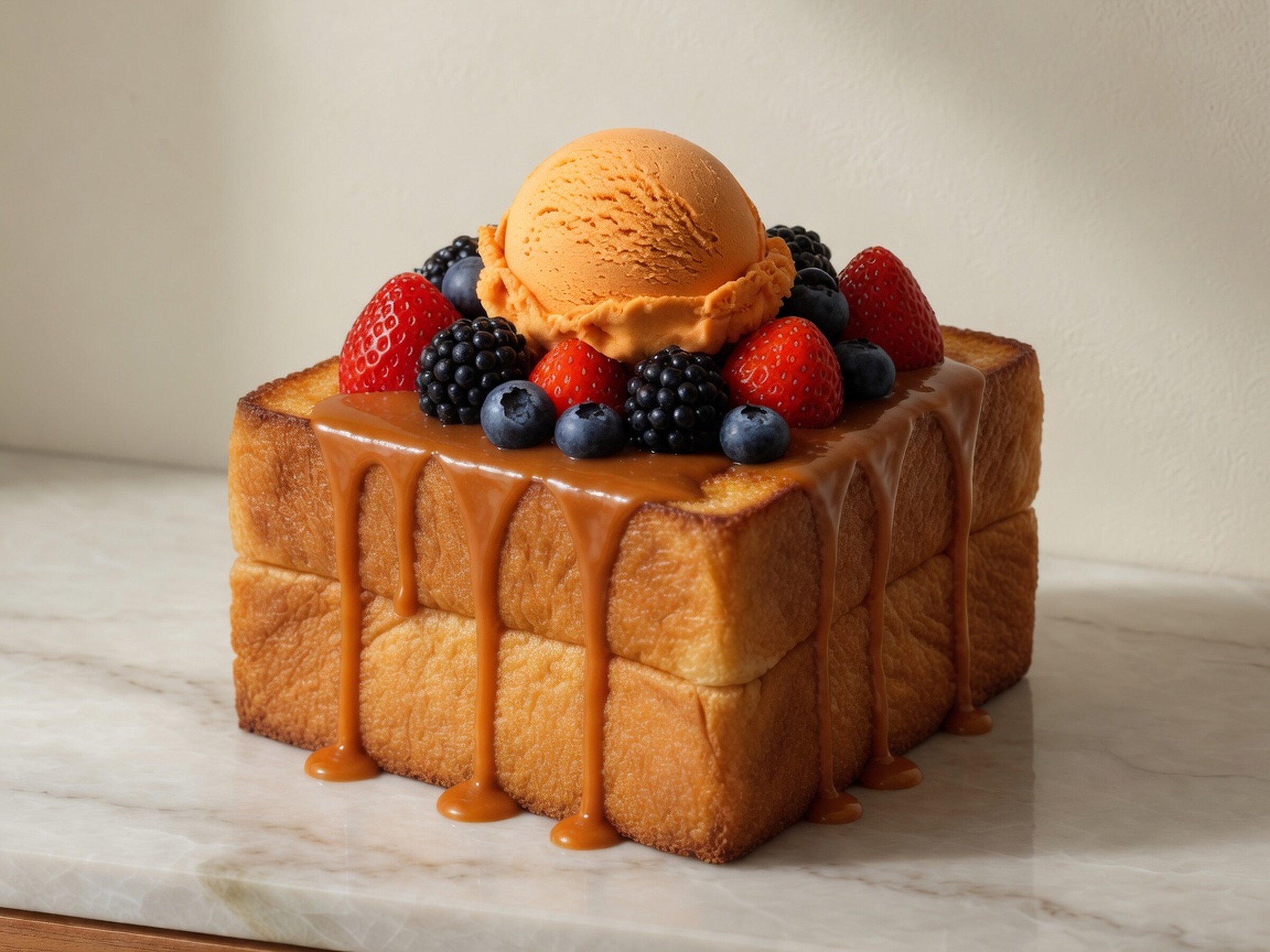 Shibuya honey toast with Thai tea ice cream, berries, and banana